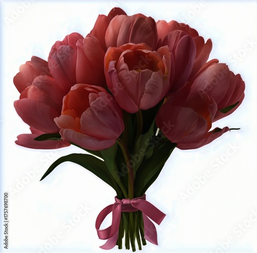 Beautiful Bouquet of Pink Tulips Tied With a Ribbon on a White Background