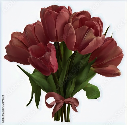 Beautiful Bouquet of Pink Tulips Tied With a Ribbon on a White Background