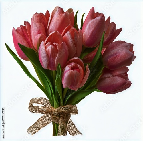 Beautiful Pink Tulips Arranged in a Bouquet With a Natural Twine Ribbon