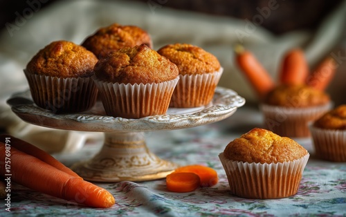 Freshly Baked Carrot Muffins on a Decorative Stand With Carrots in the Backgr...
