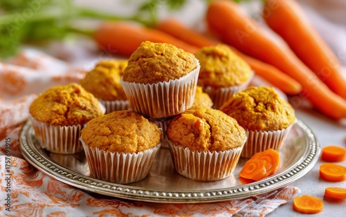 Freshly Baked Carrot Muffins Displayed on a Decorative Cake Stand With Fresh ...