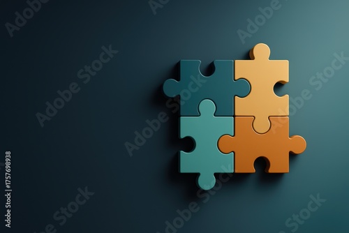 four colorful puzzle pieces fitting together on teal background