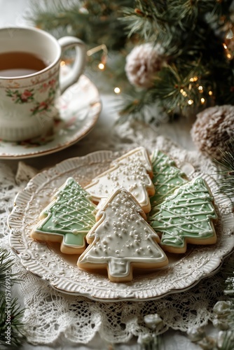 Festive Holiday Cookies Shaped Like Christmas Trees Beside a Cup of Warm Beve...