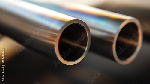 Close-up on two industrial steel tubes resting on a dark surface, casting a soft light. Reflections and subtle color gradients add depth to the smooth, metallic material.