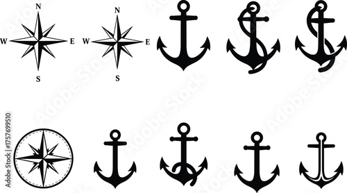 Nautical compass, anchor icons, maritime symbols, navigation tools, vintage style, ocean theme, sailor elements, rope detail, marine design, sea adventure