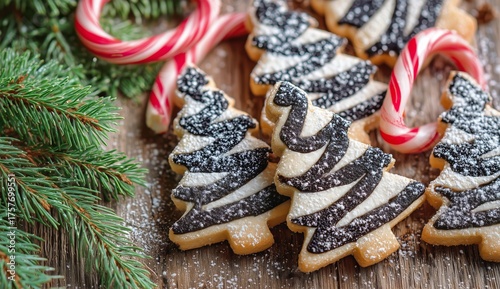 Delicious Holiday Cookies Decorated With Black and White Icing on a Wooden Pl...