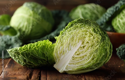 Freshly Cut Green Cabbage on a Wooden Cutting Board With Whole Cabbage Heads ...