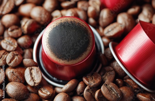 Coffee Pods Surrounded by Roasted Coffee Beans on a Wooden Surface