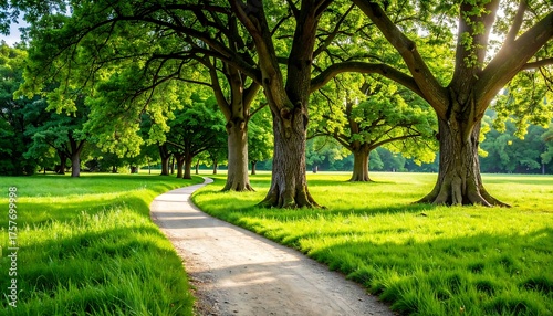 Fototapeta Naklejka Na Ścianę i Meble -  Sunny park path lined with trees (2)