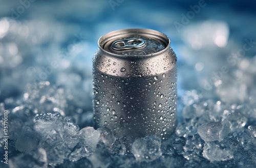 Cold Beverage Can Surrounded by Ice in a Refreshing Scene on a Summer Day