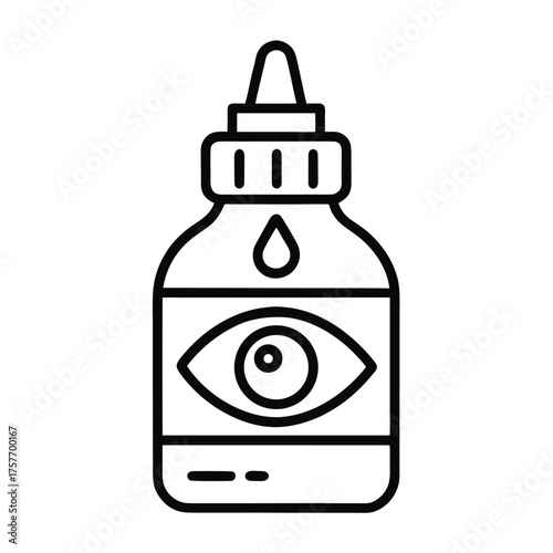 Simple line art icon of an eye drop bottle with an eye symbol