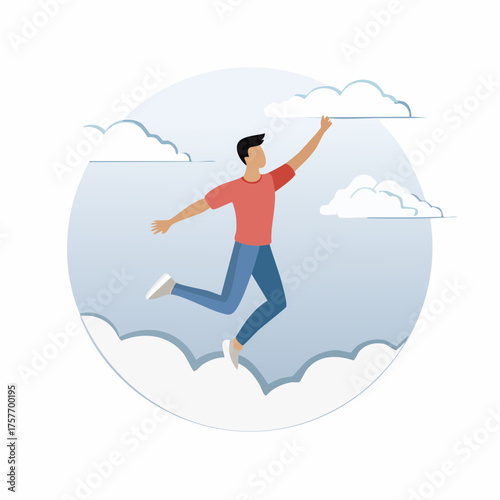 Man reaching for clouds in a joyful leap above the sky