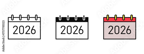 Calendar 2026 icon in stroke, fill, and color variations with a clean white background ideal for representing schedules, yearly planning, events, and important dates for 2026.