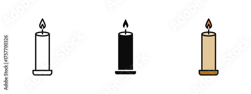 Candle icon in stroke, fill, and color variations with a clean white background perfect for representing light, celebrations, spirituality, relaxation, and cozy atmospheres.