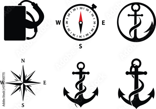 Nautical icons, diving mask, compass rose, anchor silhouette, marine symbols, black and white, maritime design, ocean theme, navigation elements, rope detail