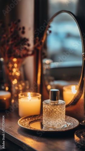 Elegant Glass Perfume Bottle and Candles on Vanity During Cozy Evening