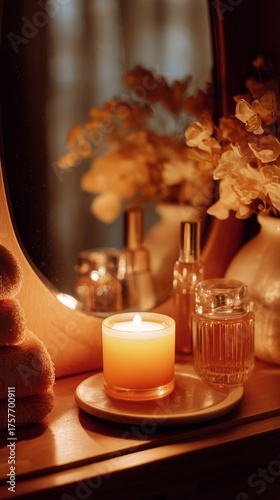 Elegant Glass Perfume Bottle and Candles on Vanity During Cozy Evening