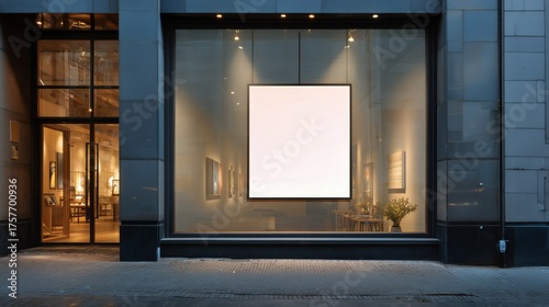 Modern Gallery Window Displaying Blank Canvas at Dusk in Vibrant Urban Setting