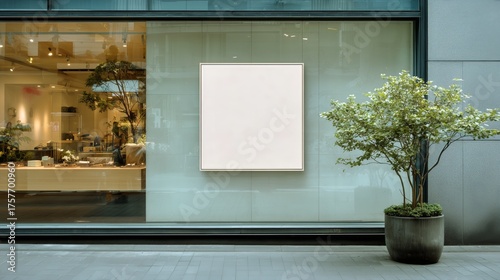 Modern Gallery Window Displaying Blank Canvas at Dusk in Vibrant Urban Setting