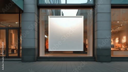 Modern Storefront Displaying a Blank Sign at Dusk in an Urban Setting