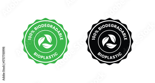 100% Biodegradable Bio Plastic stamp emblem logo, biodegradable recyclable plastic free package symbol, eco friendly product template. Vector illustration isolated on transparent background. EPS 10.