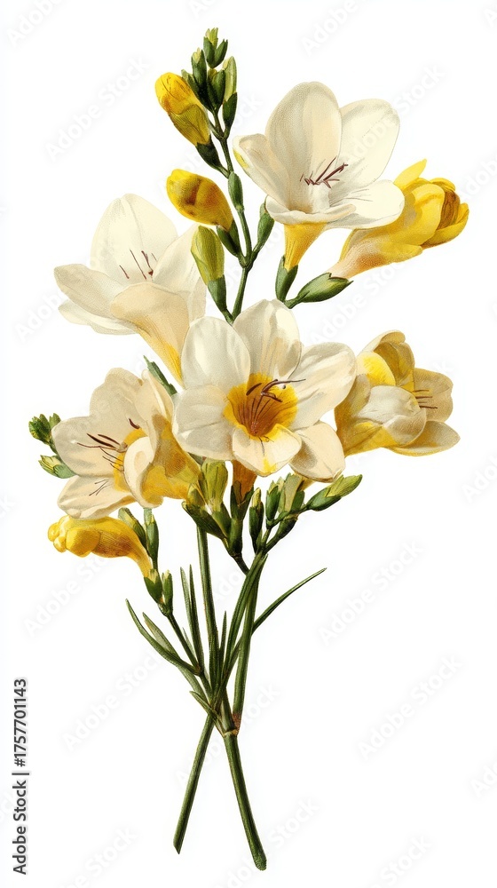 Fototapeta premium freesia bouquet with white and yellow blossoms, green stems, and buds