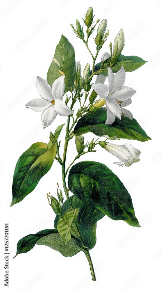 Fototapeta premium jasmine plant with star-shaped white flowers, glossy green leaves, and clustered buds