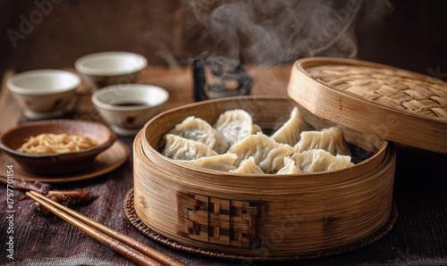 Delicious Steaming Dumplings Served in a Bamboo Basket With Tea Cups on a Woo...