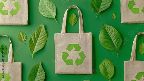 Eco-friendly Tote Bags on Green Background Surrounded by Leaves Promoting Sus...