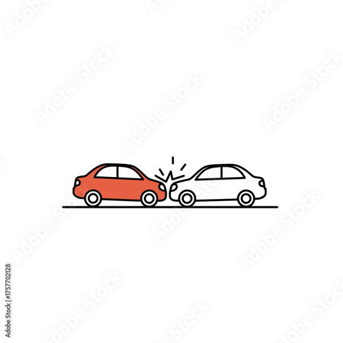 Two cars involved in a crash on a road with impact symbol, vector illustration. Street and driving safety in the city