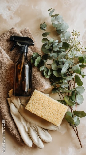 Cleaning Supplies Arranged on a Beige Surface With a Sponge, Gloves, and a Pl...