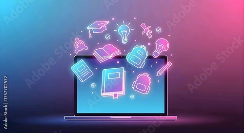 Dynamic neon illustration of a laptop with glowing educational icons emanating from its screen, representing digital learning, online knowledge, e-learning, and the future of education