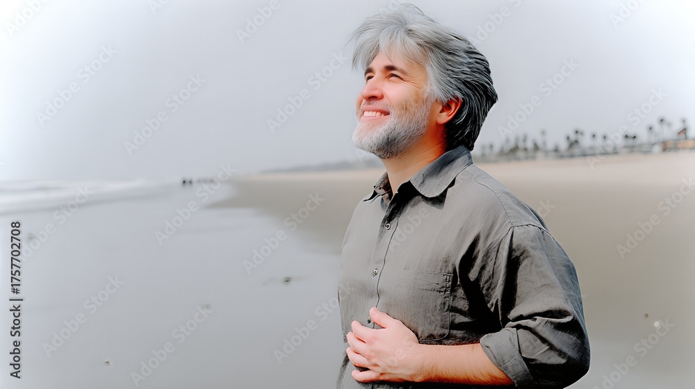 Fototapeta premium Gray Haired Man Enjoys a Serene Beach Stroll While Feeling the Ocean Breeze
