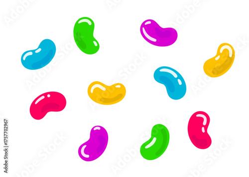 Cartoon fruity jelly beans. Chewy candy sweets with fruit flavors. Flat vector illustration set of colorful gummies for kids, desserts, party designs, and fun backgrounds.