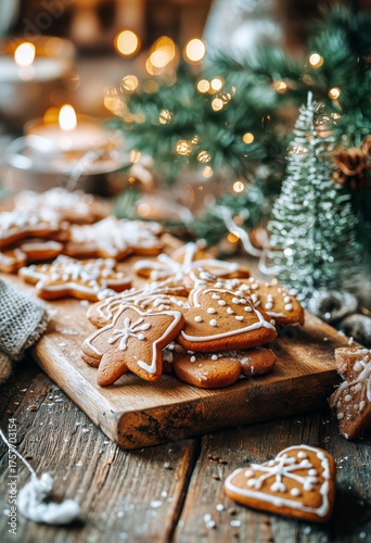 Delicious Gingerbread Cookies With Snowflake Designs on a Wooden Platter Duri...