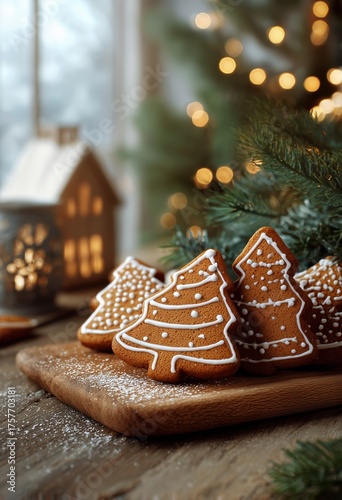 Delicious Gingerbread Cookies Shaped Like Christmas Trees Decorate a Wooden T...