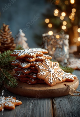 Delicious Gingerbread Cookies With Snowflake Designs on a Wooden Platter Duri...