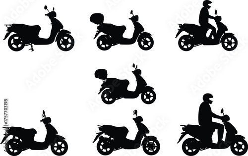 Scooter silhouette vector set, rider and accessories, urban transport icons, black motorbike shapes, editable design, isolated graphic elements