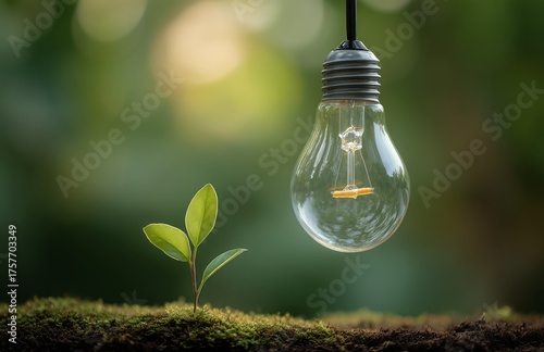 Light Bulb Hanging Over a Small Green Plant on Moss in a Natural Setting