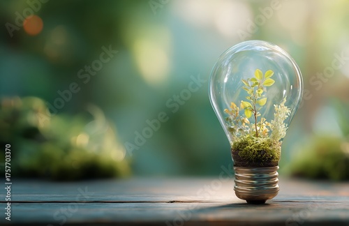 Light Bulb With Plant Symbolizes Eco-Friendly Ideas and Sustainable Growth in...