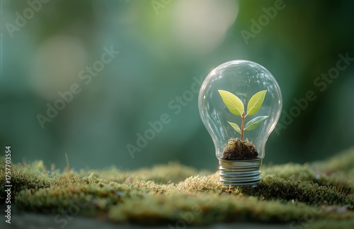 Light Bulb Hanging Over a Small Green Plant on Moss in a Natural Setting