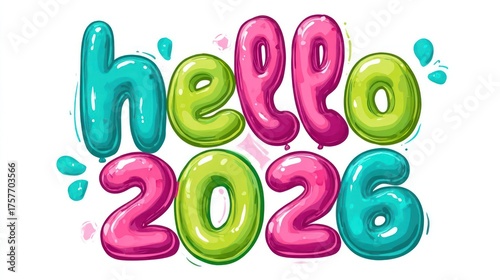 Bright and colorful balloons spelling out hello 2026 with small water droplet accents on a white background