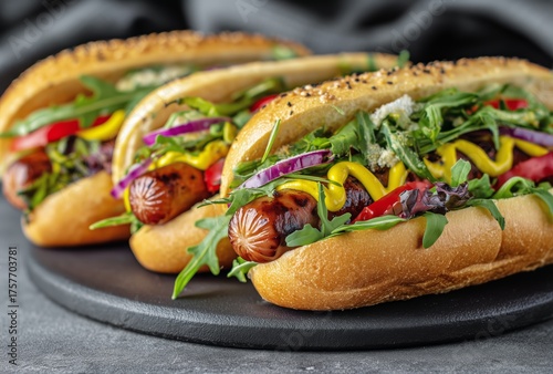 Delicious Hot Dogs With Mustard and Fresh Toppings on a Black Plate