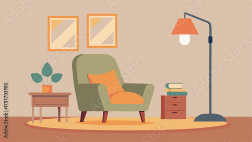 A cozy reading nook with a neutral color palette a single armchair and a minimalist floor lamp.