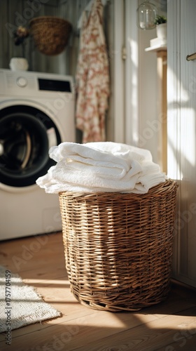 Laundry Room With Neatly Folded White Towels in a Wicker Basket Near a Washin...