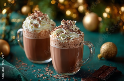 Warm Chocolate Drinks Topped With Whipped Cream and Chocolate Shavings for Ho...
