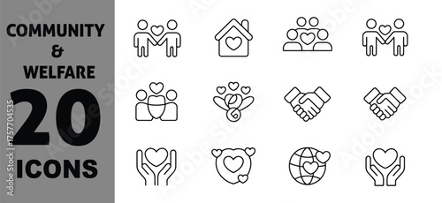 20 community and welfare icons for social support and charity vector
