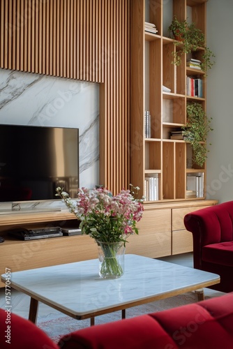 Cozy Living Room Design With Red Armchair and Modern Decor Elements for Comfo...
