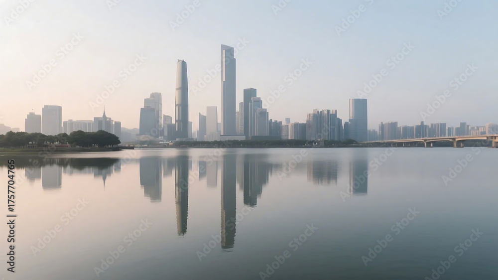 Naklejka premium A tranquil body of water mirrors the modern city skyline with prominent tall buildings under a clear sky.