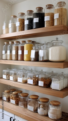 Organized Kitchen Pantry With Labeled Glass Jars and Wooden Utensils for Easy...